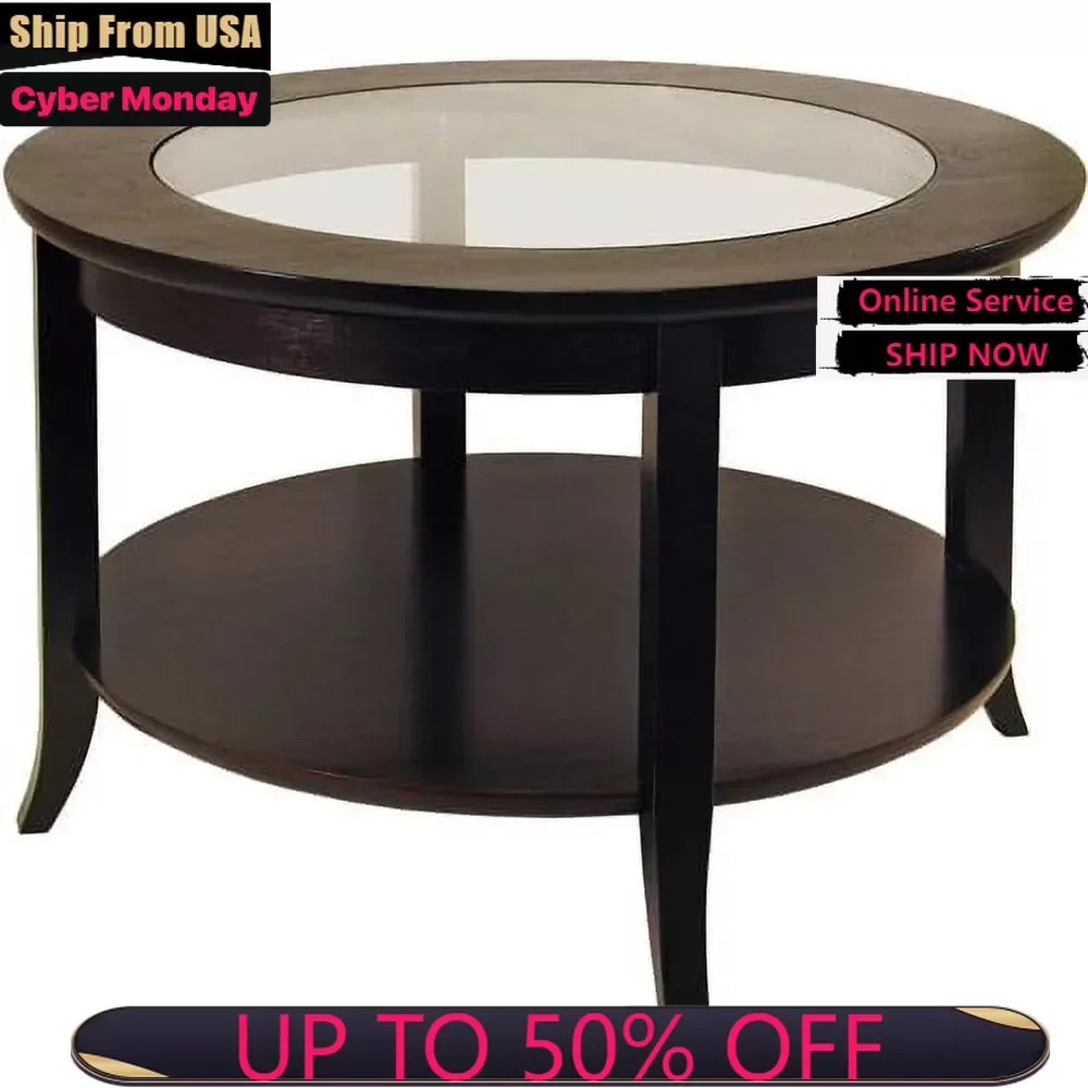 

Wood Genoa Round Coffee Table with Glass Top, Espresso Finish