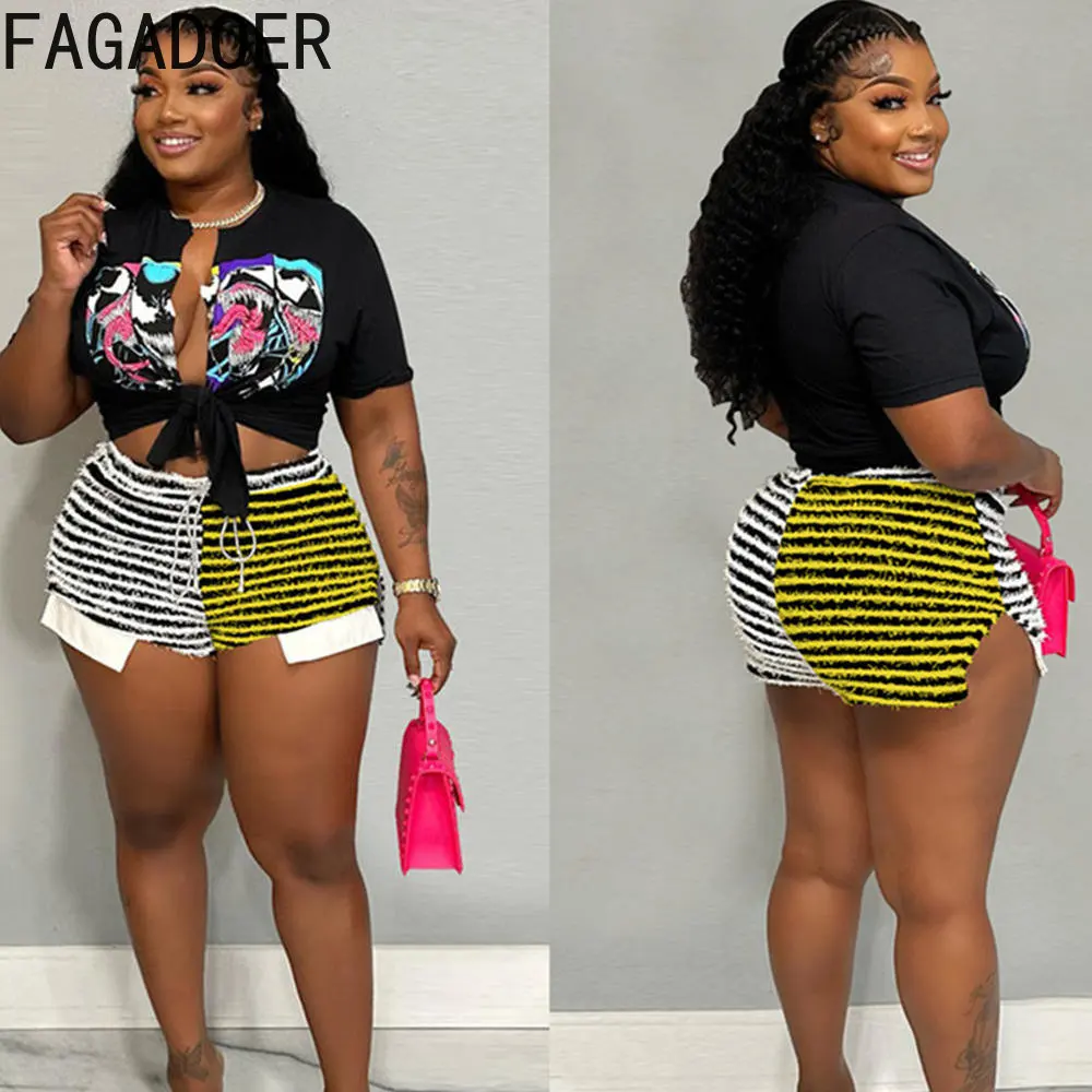 FAGADOER Casual Striped Patchwork High Waisted Shorts Women Drawstring Shorts Fashion Y2K Matching Clothing Summer Solid Bottoms