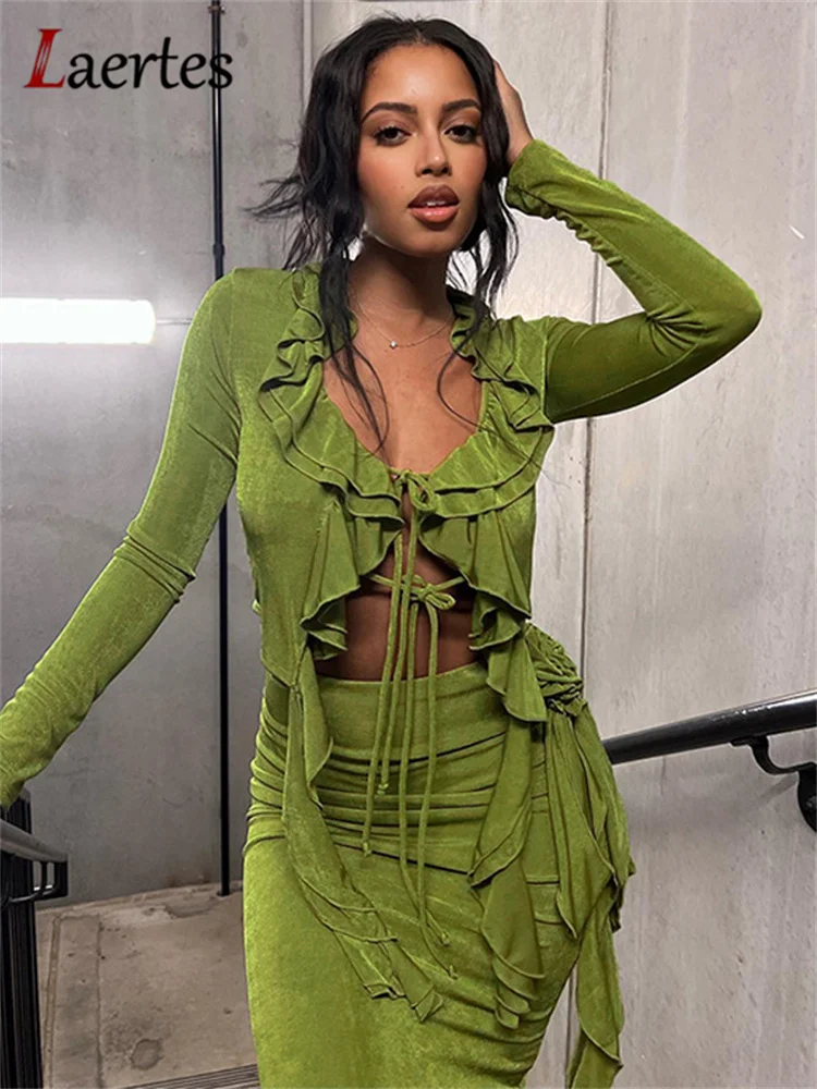 

Laertes 2023 Spring Summer Ruffles Long Sleeve Crop Top And Midi Skirt Two Piece Set Women Sexy Party Club Beach Holiday Outfits