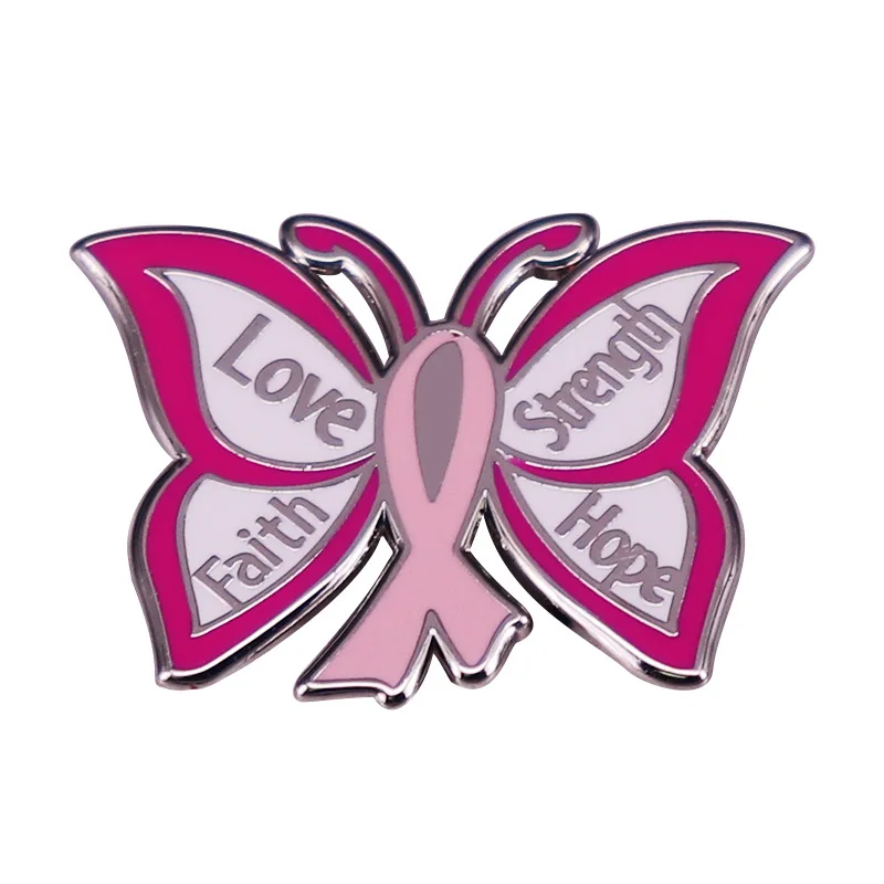 

Love Faith Strength Hope Butterfly Pink Ribbon Hard Enamel Pin Lapel Pins Pink Breast Cancer Awareness Protect Women Badge