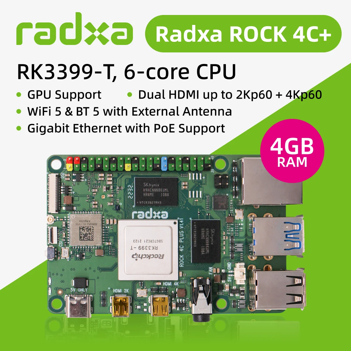 AvaCoreRadxa ROCK 4C+, HDMI с поддержкой 4K, RK3399-T, 6-ядерный процессор SBC, Wi-Fi 5 и Gigabit Ethernet, одноплатный компьютер (art.: 3920dc15d3aa0) - 3920dc15d3aa0