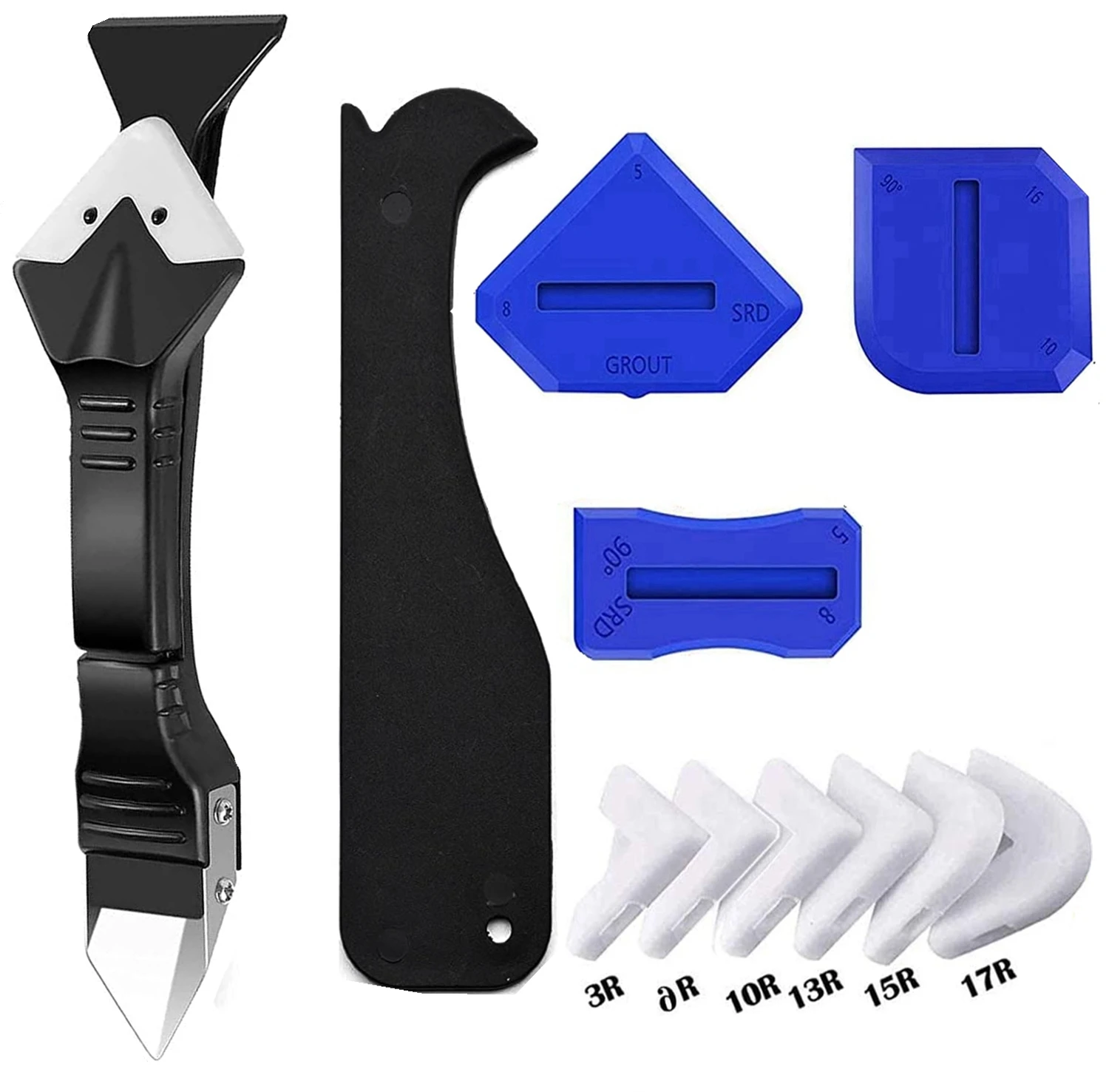 

Caulking Tools- 3 in 1 Silicone Caulking Tools（stainless steelhead)- Caulk Remover, Glass Glue Angle Scraper & Grout Removal Too