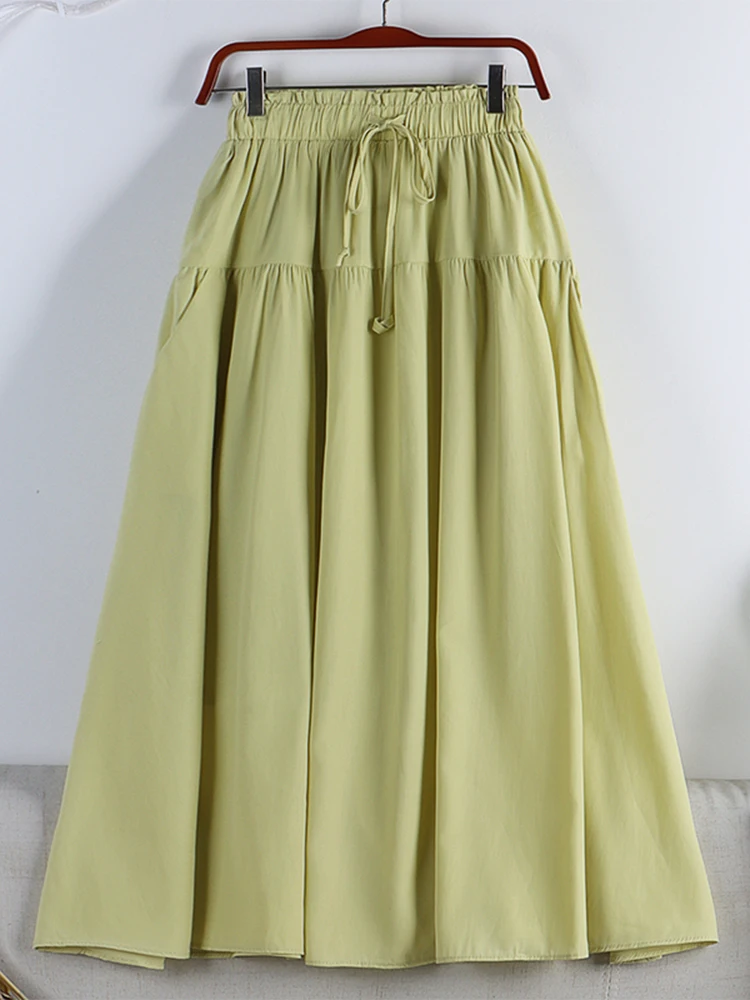 

Summer Women Solid Color Skirt Korean Fashion Elastic High Waist Drawstring A-Line Skirt Female Pocket Splicing Swing Midi Skirt