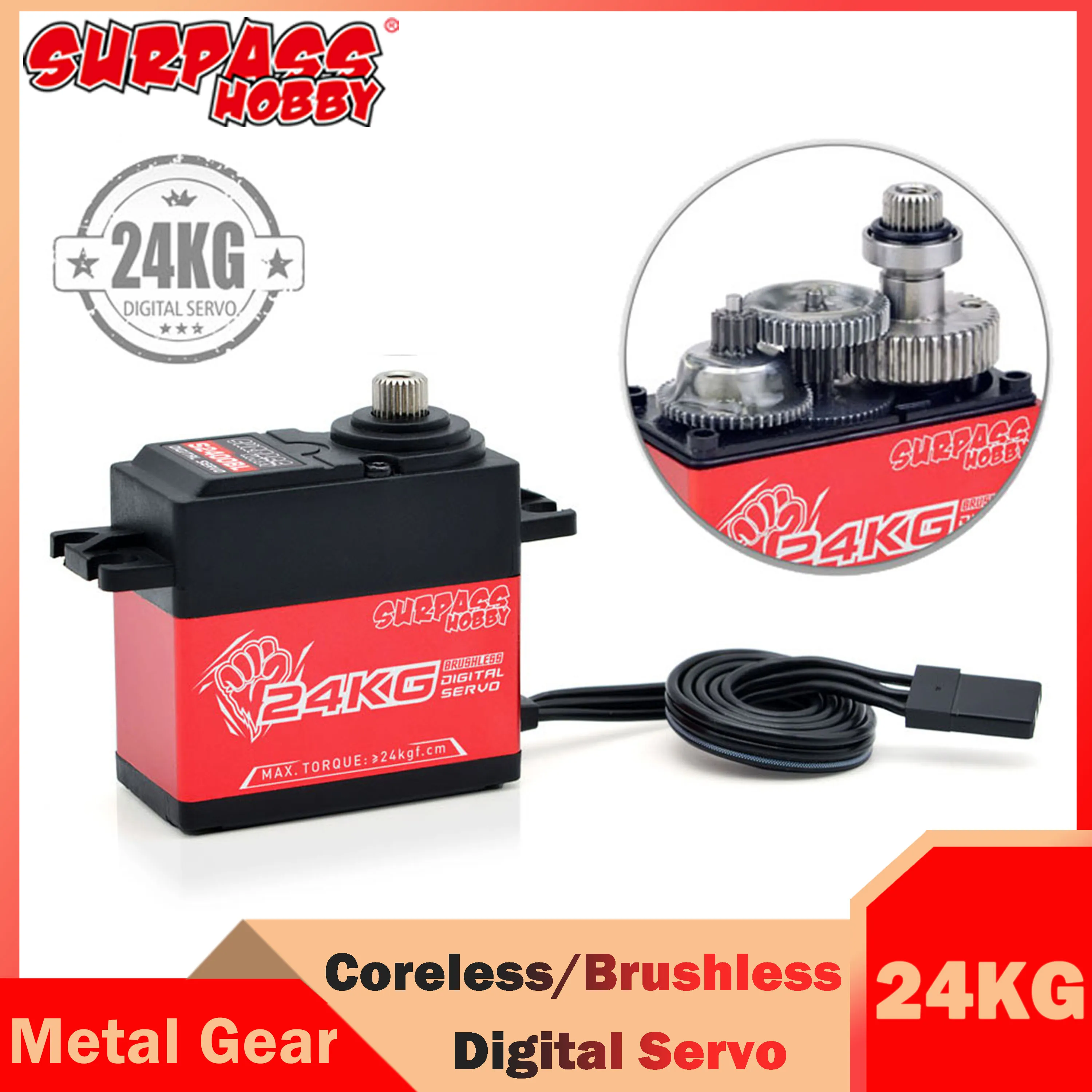 Сервопривод Surpass Hobby 24 кг без сердечника/без щеток, цифровой полуалюминиевый для радиоуправляемого автомобиля 1/8 1/10, гоночного багги, лодки, робота
