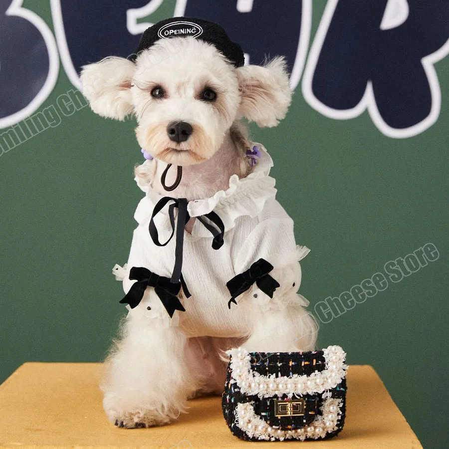 

Spring Summer Stylish White Dog Vest with Black Bowtie Brand Designer Quality for Pet Schnauzer Poodle Bichon Malatese Shiba