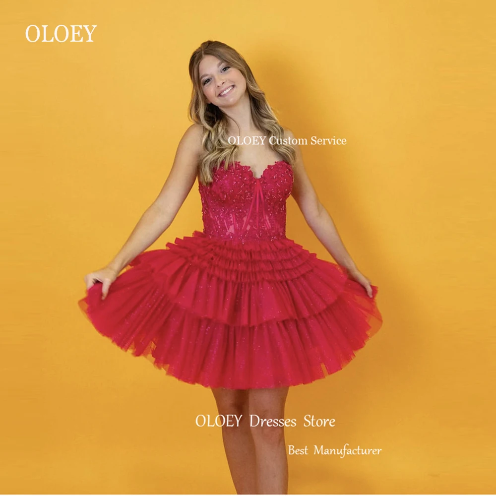 

OLOEY Red Sweetheart Tulle Layered Short Prom Party Dresses Lace Applique Boning Mini Sexy Cocktail Dress Homecoming Gowns