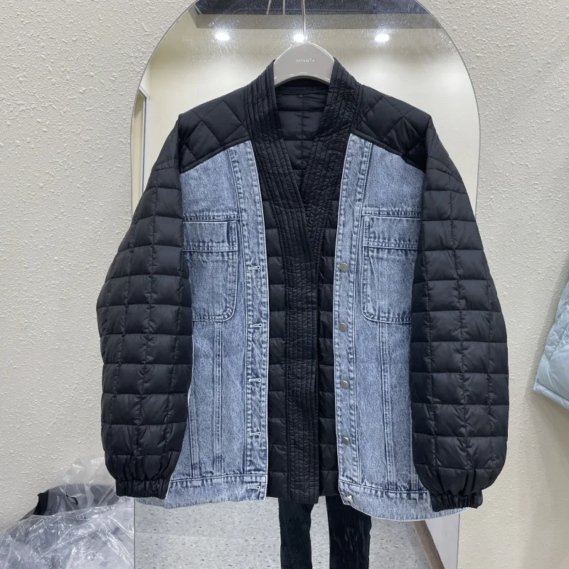 

Colorblock Cotton Long Sleeve 2022 Winter Jacket Women Plaid Denim Stitching Thick Down Parka Big Size Cotton-padded Coat H259