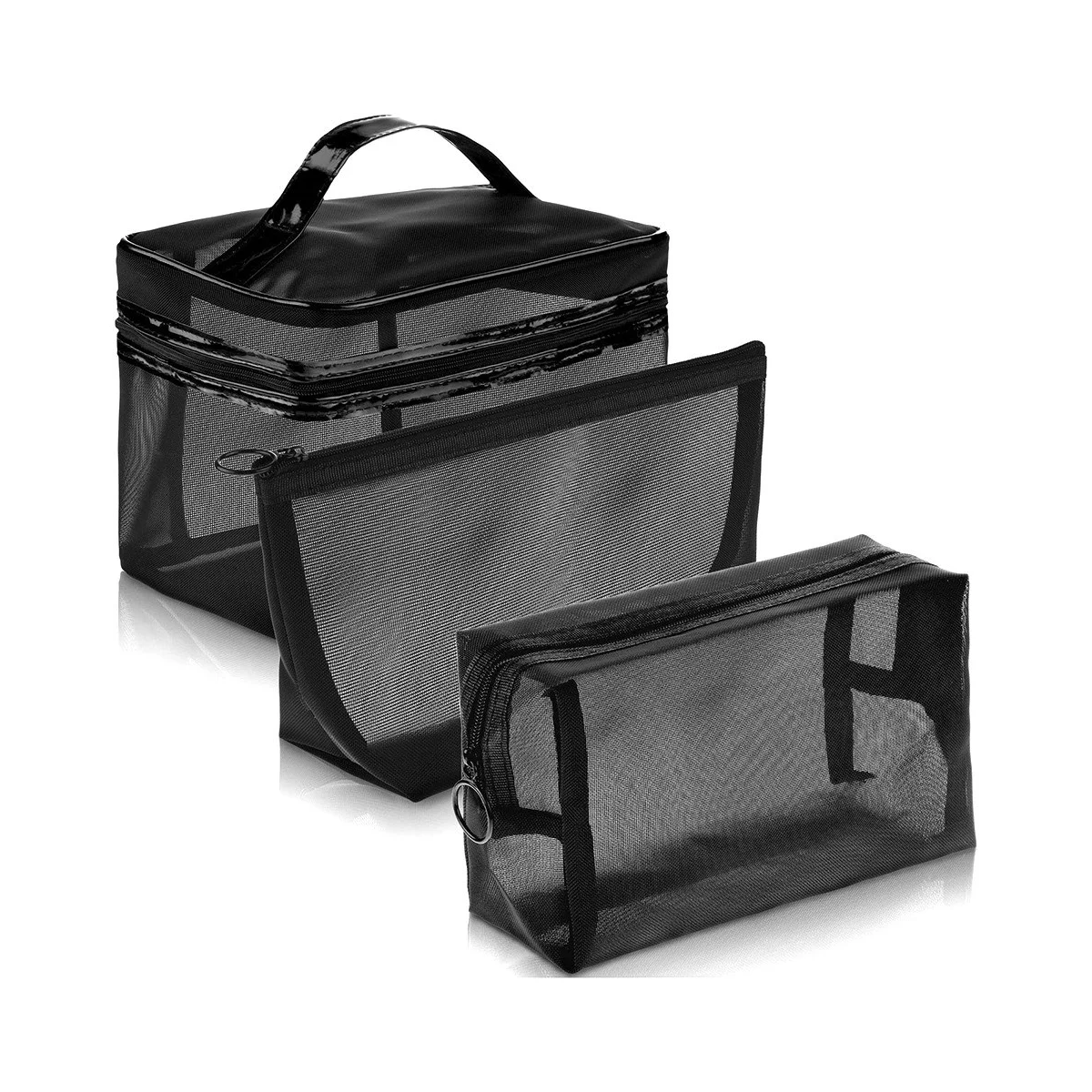 

3Pcs Zipper Make Up Toiletry Wash Bags Women Travel Black Mesh Cosmetic Bag Transparent Mesh Makeup Bag Storage
