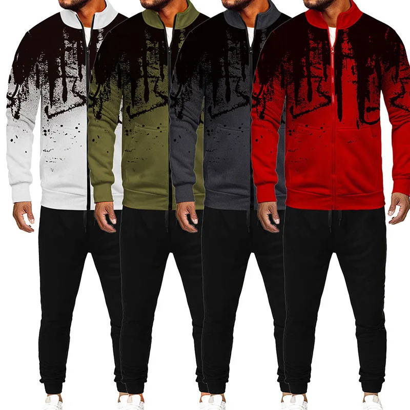 New Men's Tracksuit 2 Pieces Set Splash Ink Stand-up Collar Zipper Cardigan and Pants Fashion Casual Male Sportswear Plus Size