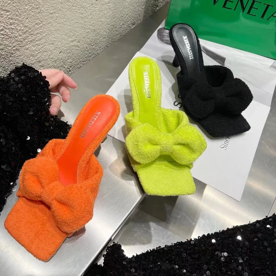 

Flock Women Slippers Bow Design Summer Casual Slides Mules Shoes Thin High Heels Orange Green Black Summer Outdoor Mules Shoes