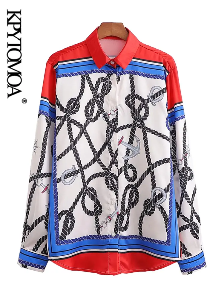 

KPYTOMOA Women Fashion Chains Print Loose Shirts Vintage Long Sleeve Button-up Female Blouses Blusas Chic Tops