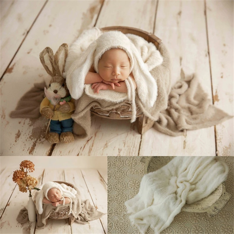 Newborn Baby Photography Props Vintage Rabbit Theme Hat Mink Wrap Doll Wood Posing Tub Basket Backdrop Studio Shoot Photo Props