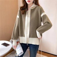 2022 autumn new colorblock knitted cardigan stand collar double zipper jacket lazy wind loose short sweater jacket women