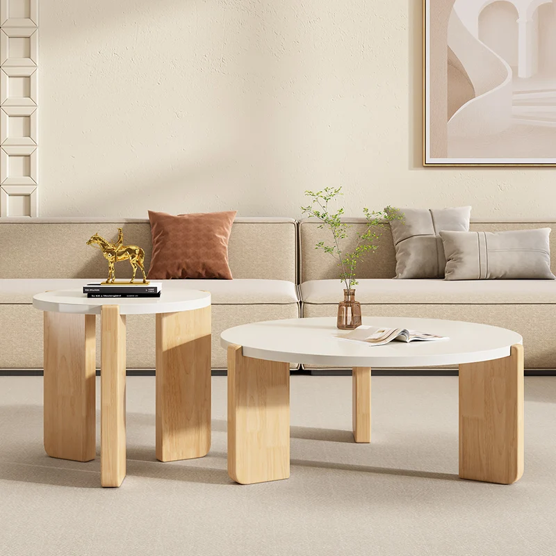 Mesa de centro redonda de madera, accesorios modernos, adornos simples, muebles auxiliares...