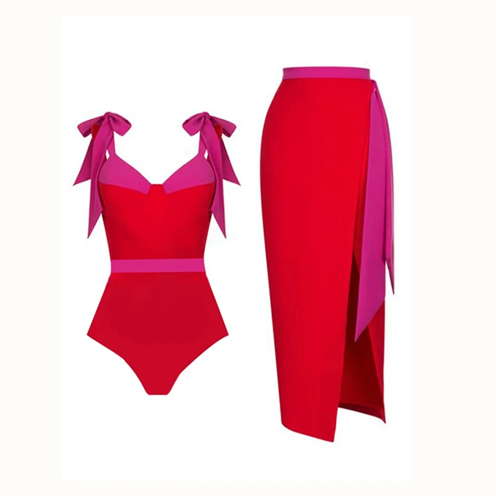 

V-Neck Contrasting Bowtie Swimsuit Women 2023 Bandage HIgh Waist Bikini Push Up Monokini Split Dress Thong Suits Surf Wear