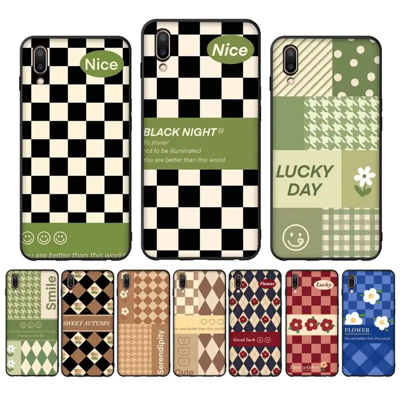 

Fashion INS Checkerboard Flower Phone Case for Vivo Y91C Y11 17 19 17 67 81 Oppo A9 2020 Realme c3