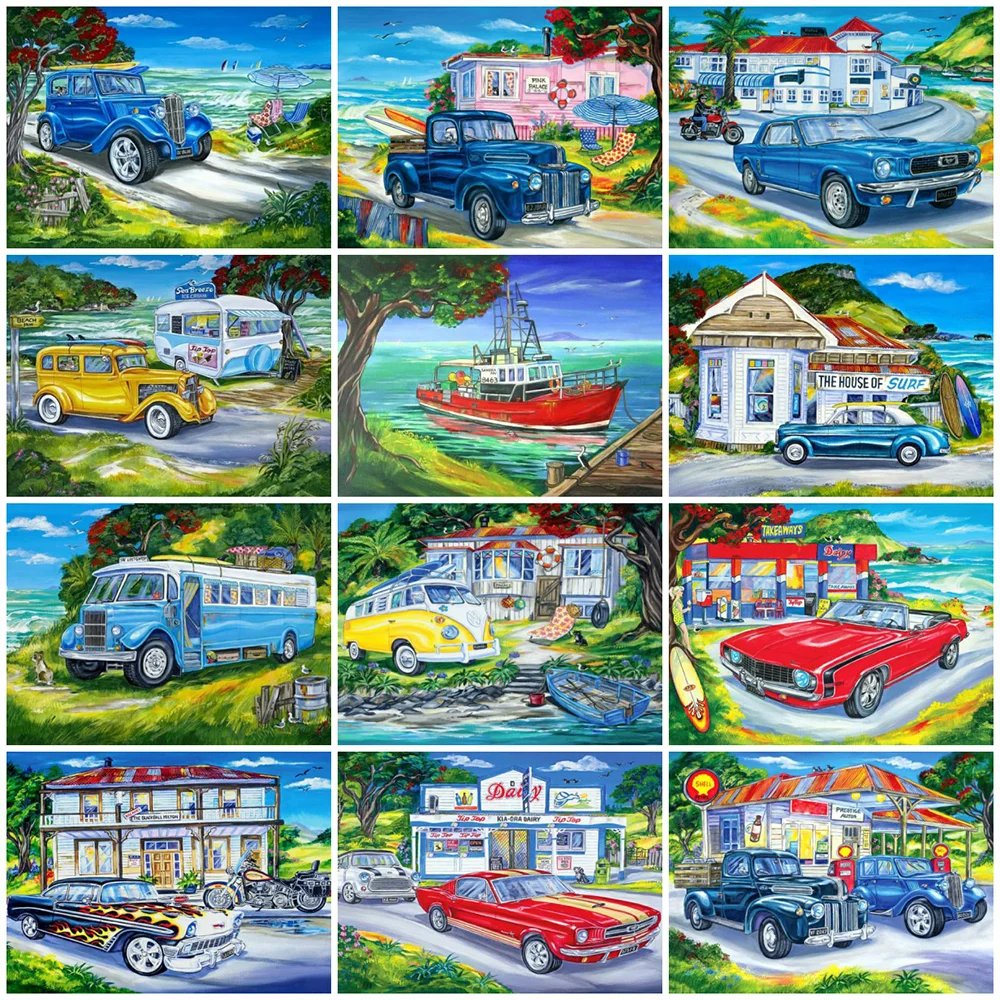 

5D Diy Diamond Painting Car Diamond Embroidery Seaside House Landscape Mosaic Rhinestones Picture Wall Art Kits Home Decor Gift