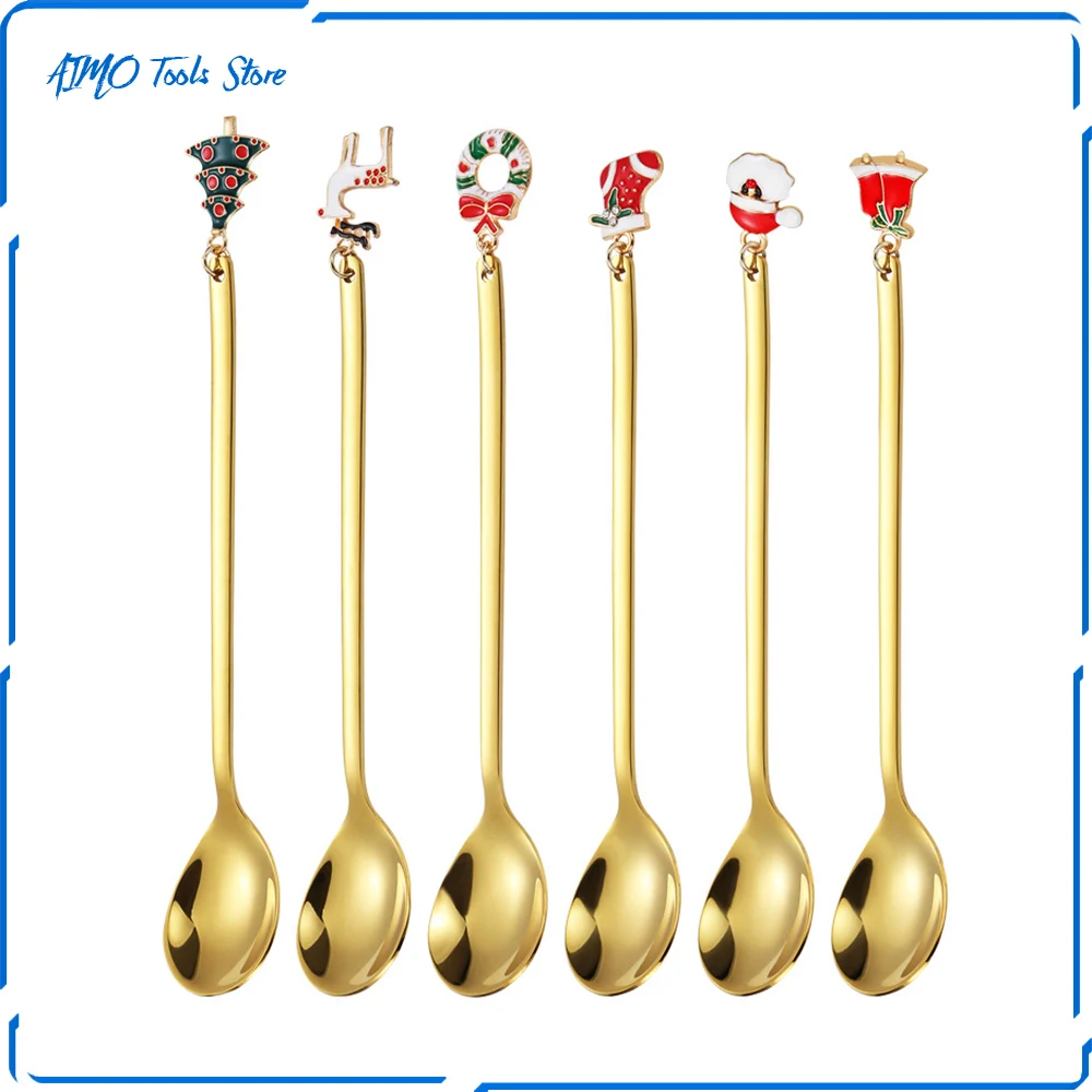

[Top Quality] 6pcs Christmas Pendant Spoon Set Creative Santa Gift Coffee Dessert Spoon Christmas Coffee Spoon Dessert Spoon