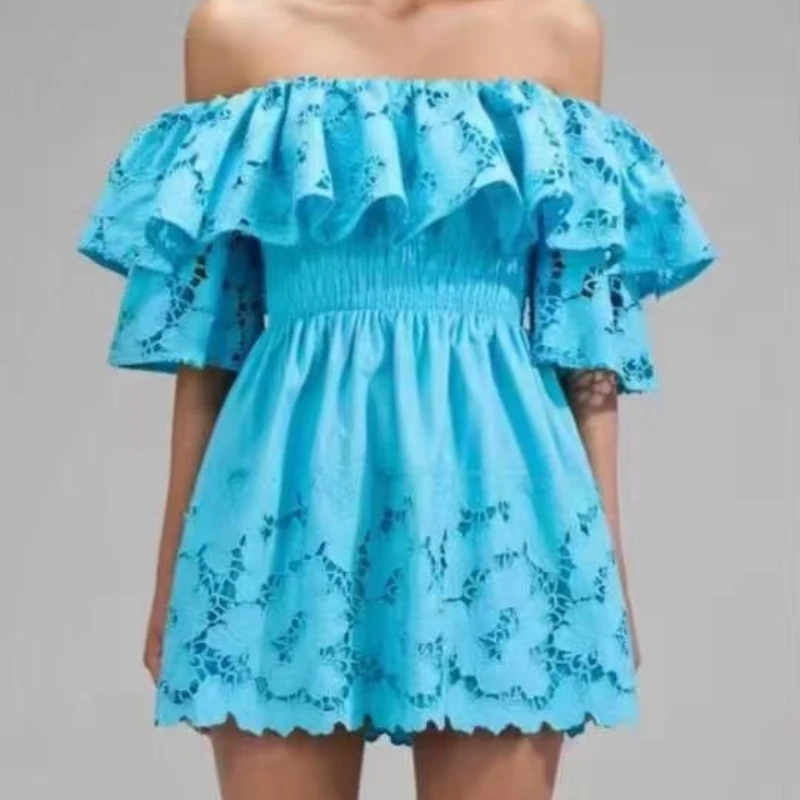 

High Quality Summer 2023 Women Fashion Blue Solid Hotsweet Fairycore Slash Neck Butterfly Sleeve Lace Mini Dresses