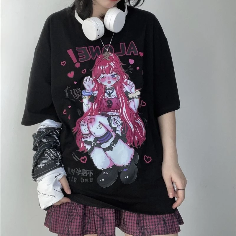 

MINGLIUSILI Kawaii T Shirt Women Oversize Gothic Print Short Sleeve Tee Shirt Femme Casual Summer Fashion Cartoon Y2k Clothes