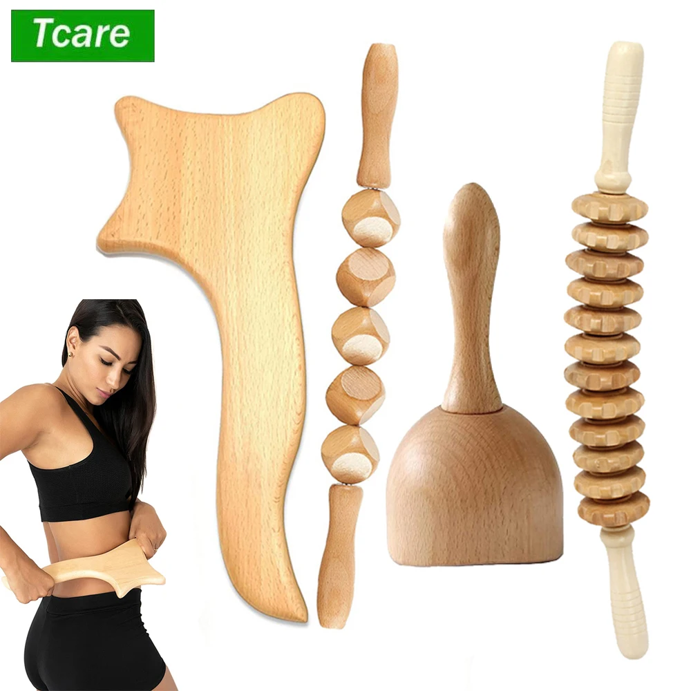 Tcare 4Pcs/Set Deluxe Wood Massage Therapy Tools for Body Shaping Set Home Gym Professional Maderoterapia Kit |