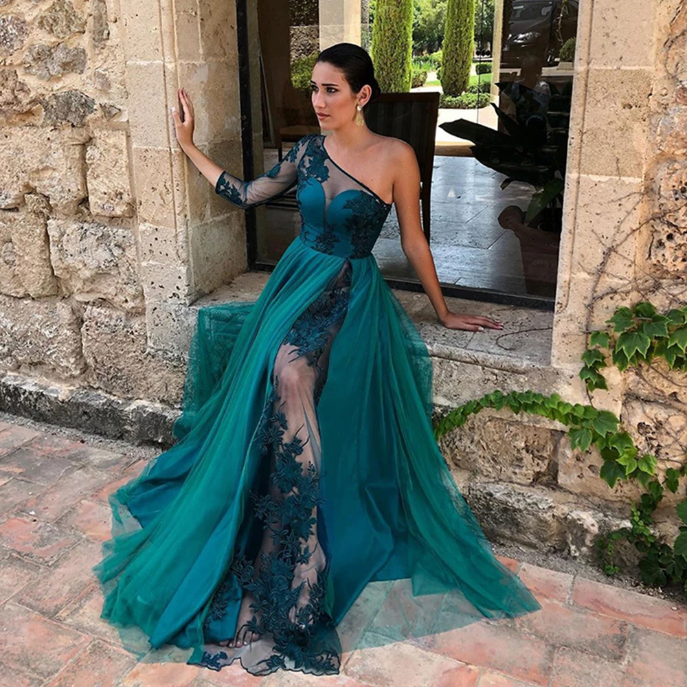 

Luxury Arabian Ladies Elegant One Shoulder Sleeve Emerald Green Evening Dress Sexy Sheer Lace Appliques Formal Occasion Seaside