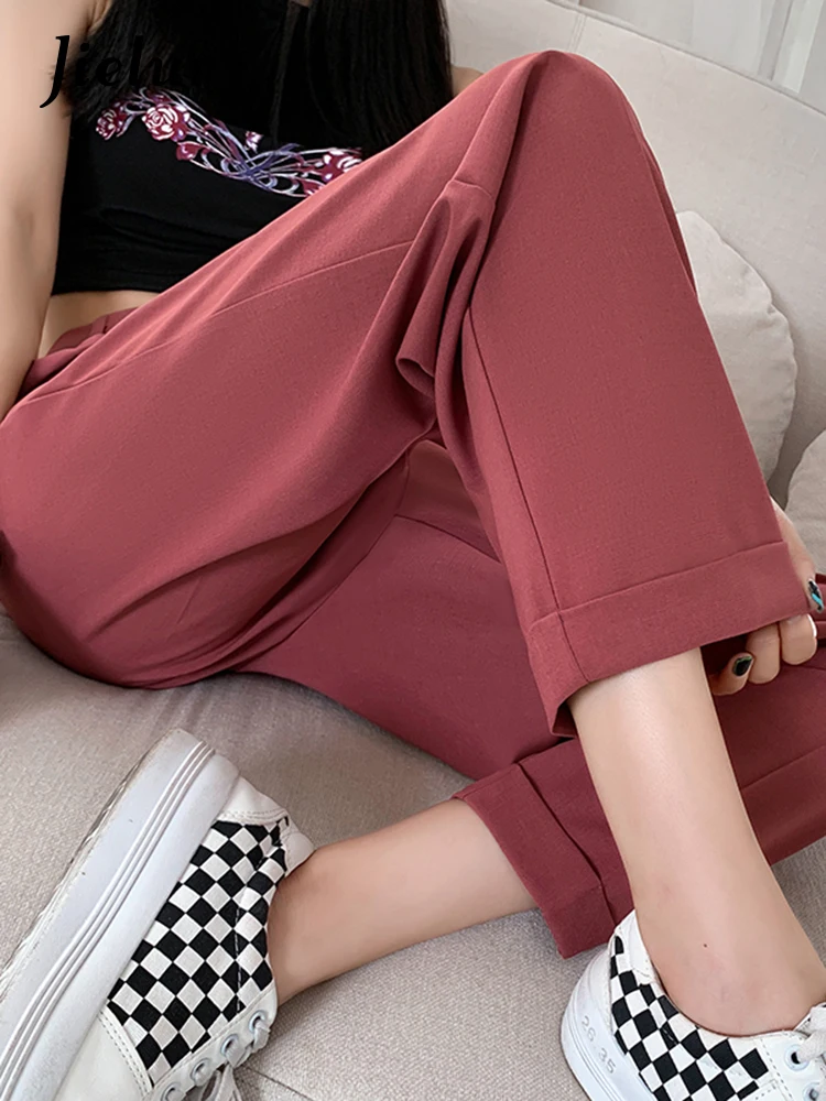 

Jielur Korean Suit Pants Women Rose Red Khaki Black Capris Autumn Thin High-end Casual Ice Silk Straight Pants Female XS-XXL