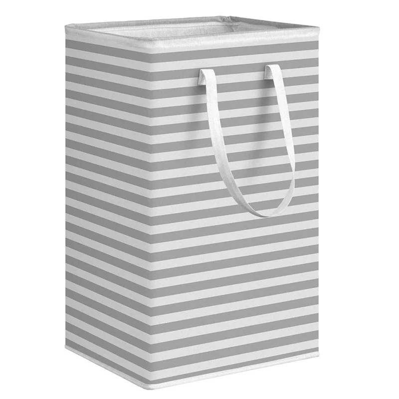 

3X 75L Large Laundry Basket Foldable Clothes Storage Basket Stripe Toys Storage Bag With Extended Handle -Gray