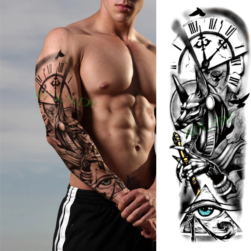 Водонепроницаемая временная наклейка на татуировку волчий демонический глаз римский часовой большая фальшивая татуировка на полную руку для мужчин и женщин.