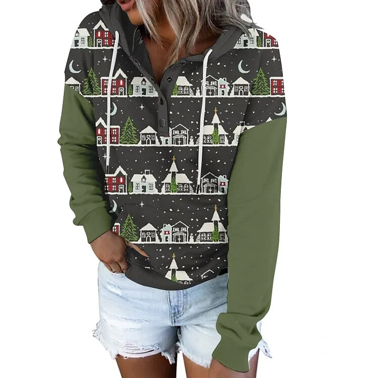 

Christmas Hoodie Women Fashion Village Print Hoodies Vintage Sweats Snowflake Coat Women Sweats Christmas Tree Hoodie Clothes