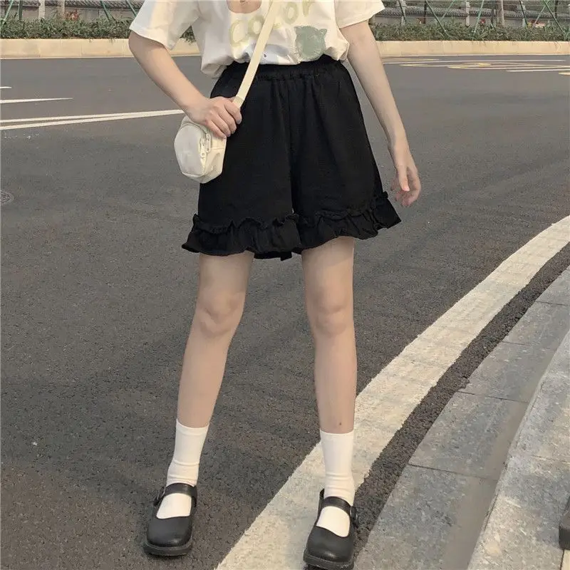 Ruffles Women Shorts Preppy Style Japanese High Waist Elastic Wide Leg Trousers Students Sweet Korean Chic All-match Casual New