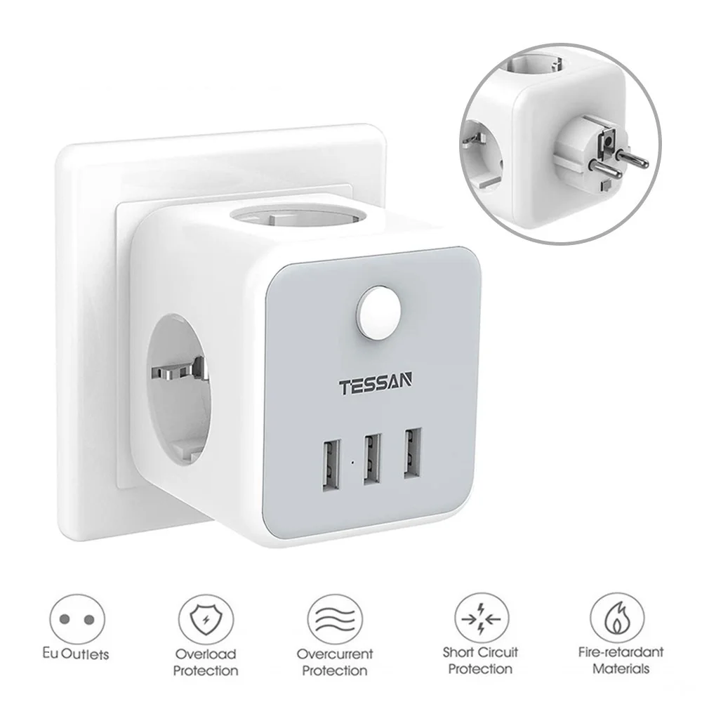 

EU Wall Socket Power Strip with 3 AC Outlets + 3 USB Charger Adapter Overload Protection 6-in-1 Plug Socket On/Off Switch