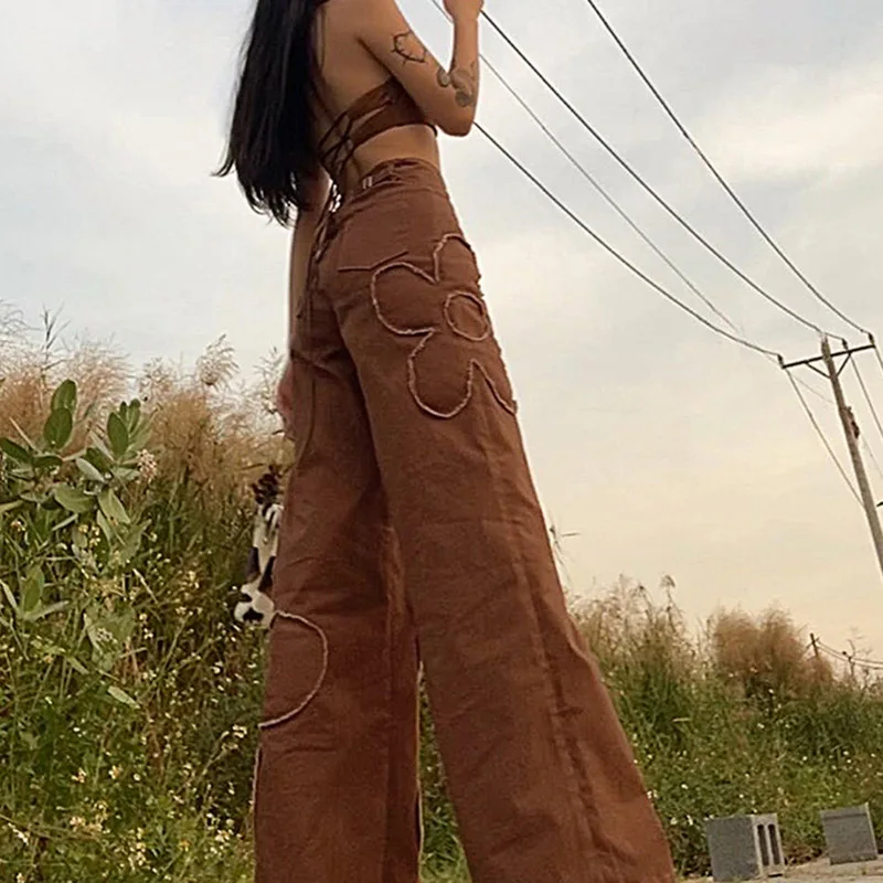 2023 Aesthetic Baggy Jeans Women Brown Vintage 90s Loose Long Pants Flower High Waist Ladies Straight Denim Trousers Streetwear