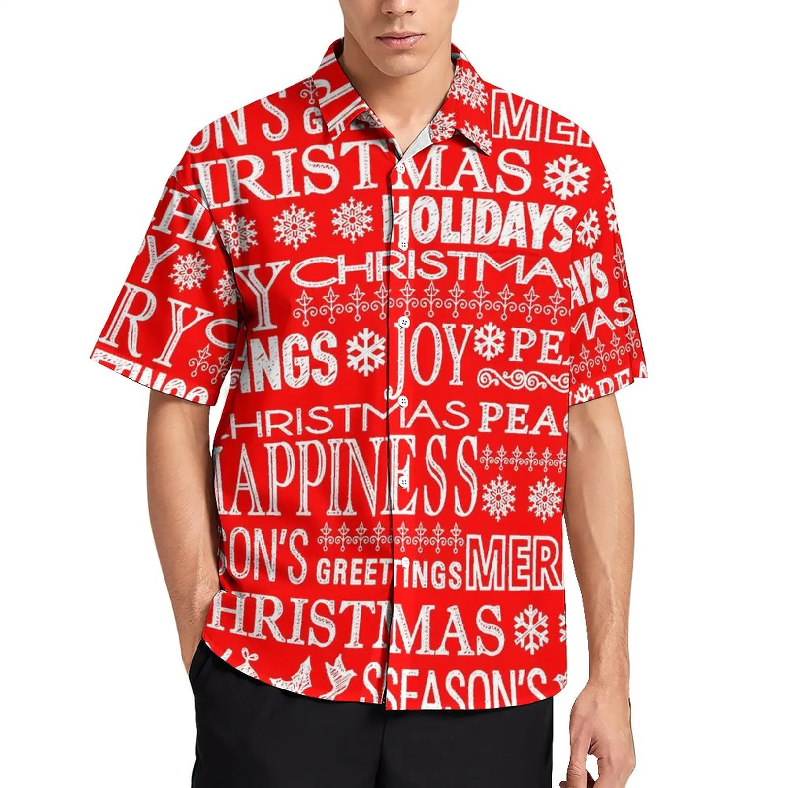 

Red White Letter Print Beach Shirt Merry Christmas Print Casual Shirts Hawaiian Short-Sleeve Custom Novelty Oversized Blouses