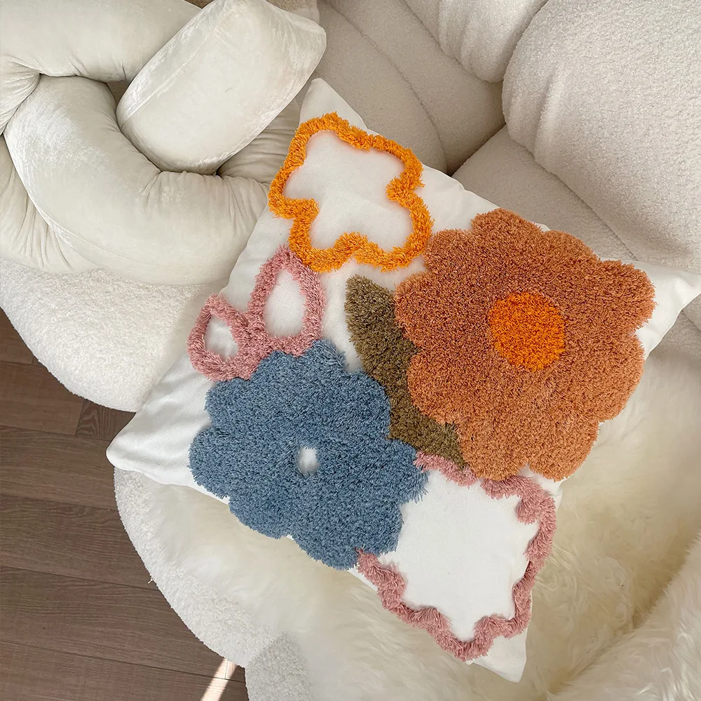 

Flower Tufted Embroidered Pillow Case Bedroom Sofa Cushion Living Room Pillowcase Ins Soft Decorative Pillow housse de coussin