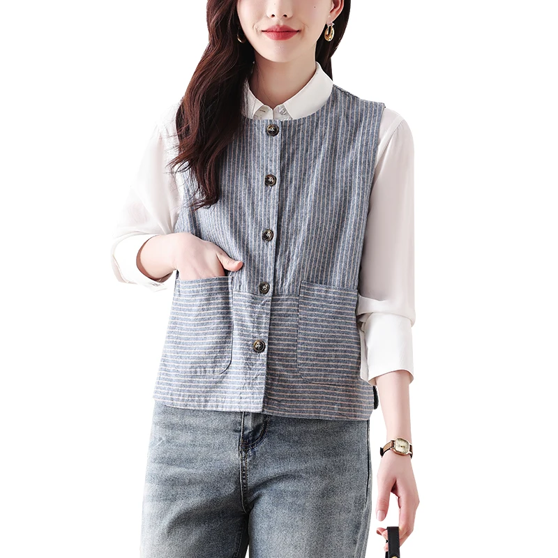 Новинка 2024 модный весенне-осенний полосатый Повседневный жилет из хлопка и льна