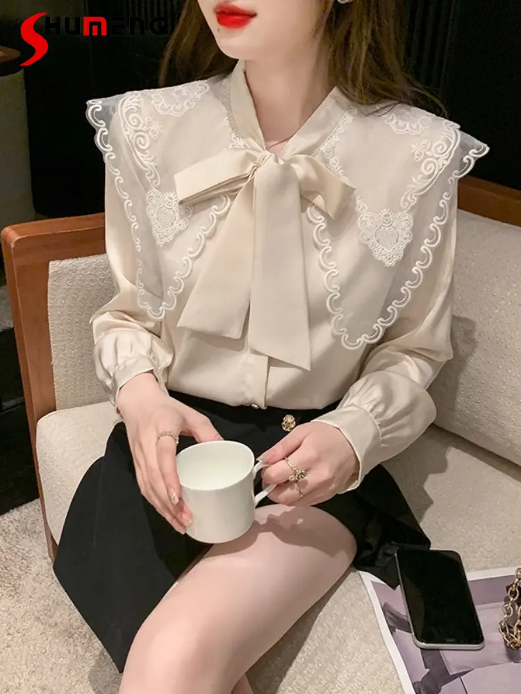 

Loose Bow Ruffled Button Lace Shirt 2022 Autumn New Women's High-End Doll Collar Long Sleeve Top Blusas Femininas Elegantes