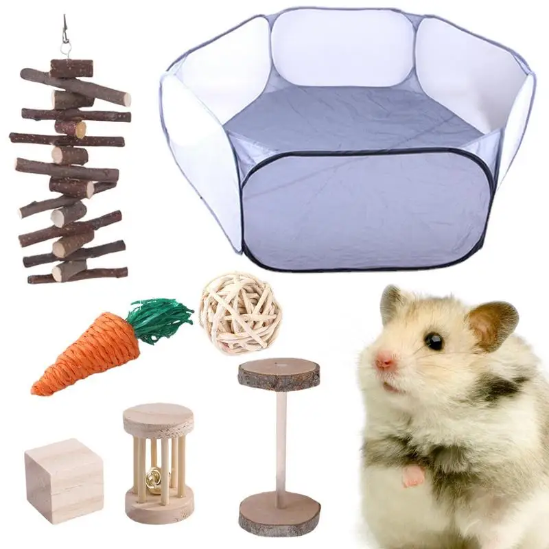 

Hamster Chew Toys Durable Wooden Chinchillas Chew Toys Accessories With Playing Pen Natural Teeth Care Ladder Roller For Russian