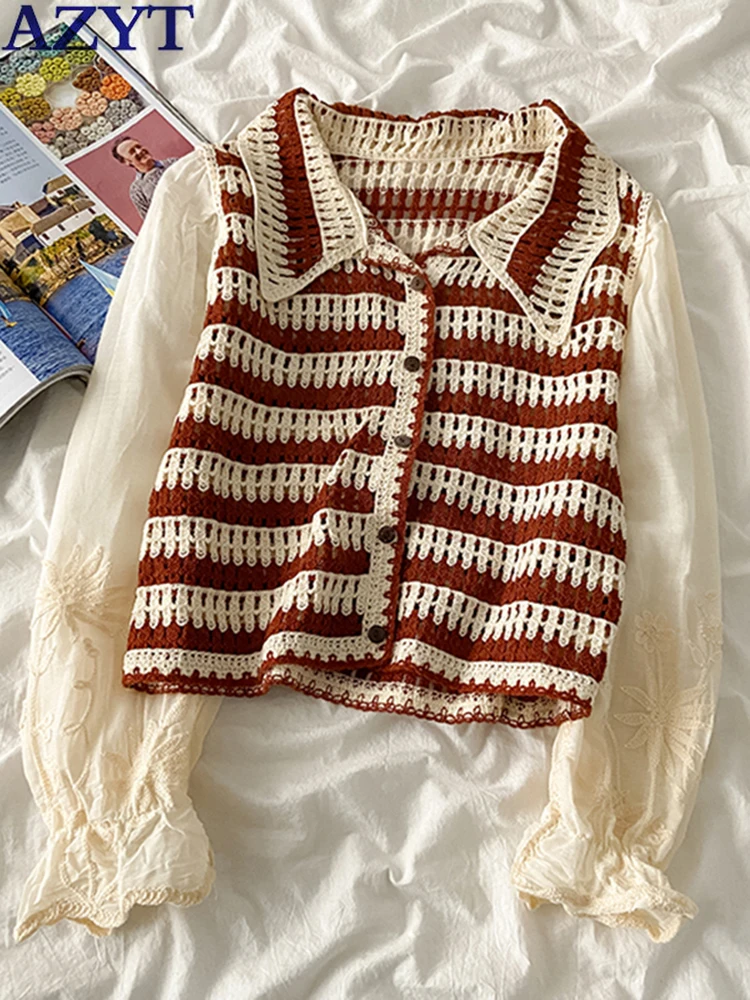 

Женский ажурный кардиган в винтажном стиле AZYT, свитер с длинными рукавами в стиле пэчворк, пальто для женщин, новинка сезона весна-лето 2022, т...