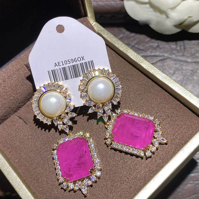 

French classic pearl lace square big red zircon vintage gems stud earrings baroque geometry Romance summer fine jewelry