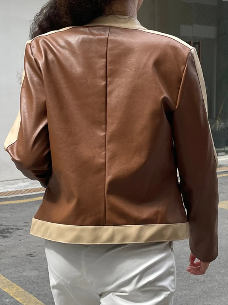 YIKUO Brown Faux Leather Zip Up Coats Women Contrast Patchwork Full Sleeve Bomber Racing Jackets Vintage Street Style Outwear