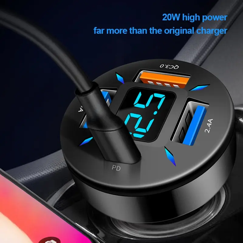 Car Charger Quick Charge Cigarette Lighter Adapter 4 Port USB A USB C Fast Charging Phone Charger for iPhone Xiaomi