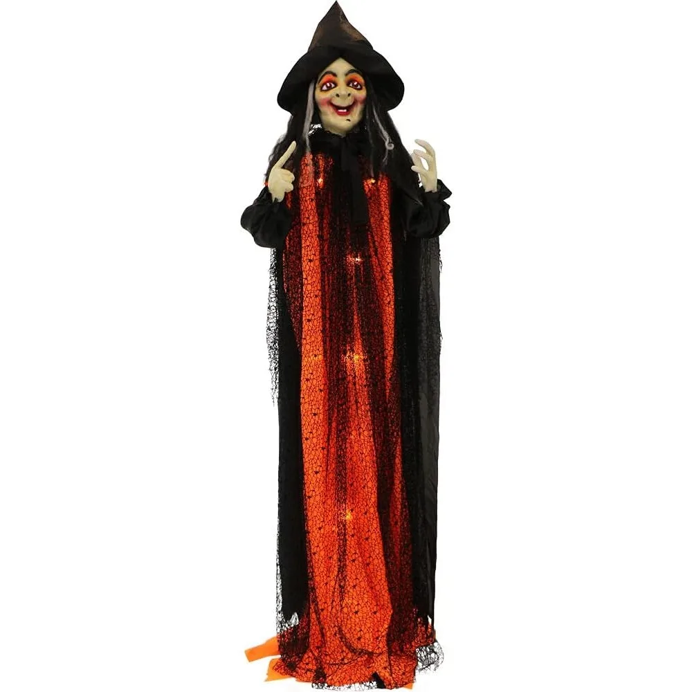 

6ft Halloween Prop Standing Witch Holding Broom, Bendable Arms, Flashing Red Eyes, Touch Activation, Battery Powered