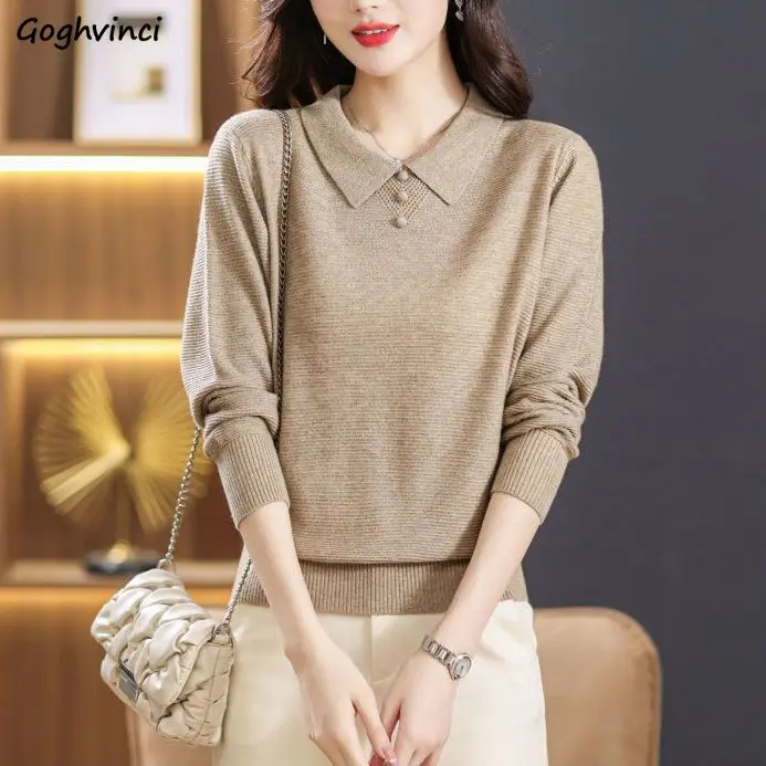

Knitted Pullovers Women Simple Retro Turn-down Collar Sweater Autumn Winter Popular Age-reducing Stylish Elegant for Ladies Tops