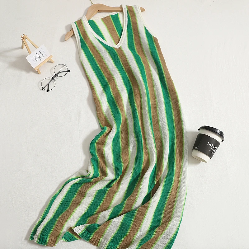

V-neck Contrast Color Vertical Striped Knitted Dress Summer New Slim Long Slit Sleeveless Vest Dress Women Vestidos De Fiesta