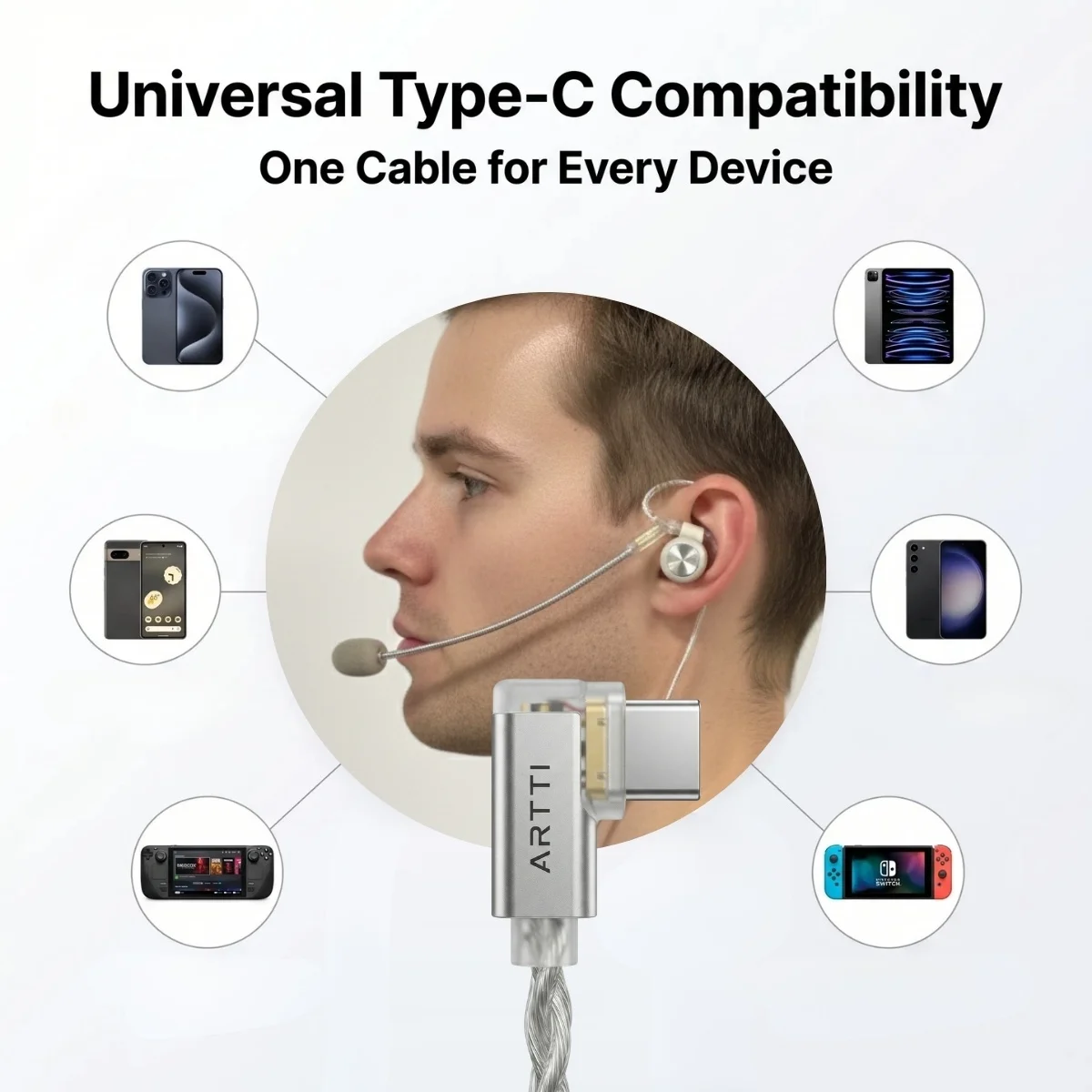 Игровой кабель ARTTI CARRYING 3-в-1 с отсоединяемым микрофоном, встроенным Hi-Fi DAC, 2-контактным разъемом 0,78 мм и посеребренным плетеным проводом OCC (art.: 3920daa96b34e) - 3920daa96b34e