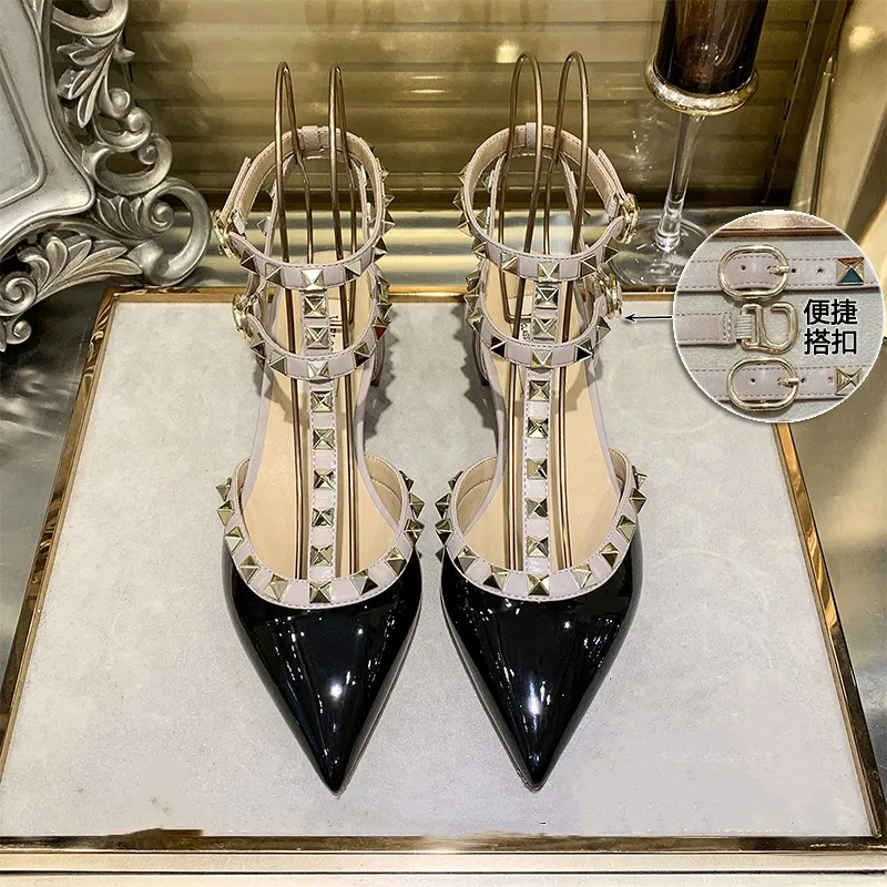 Women's Sandal Designer Luxury Brand Rivets Shoe Pointed Toe Sexy Elegant Low Heel Gladiator Sandals Shoes For Party And Wedding