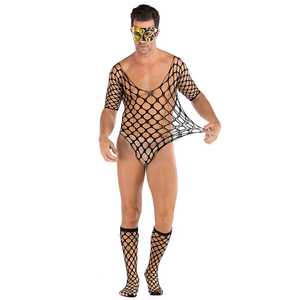 

Sexy Men Sissy Bodysuit Fishnet See-through Clubwear Hight Cut Full Body Stockings With Stocking Set Gay Man Erotic Lingerie