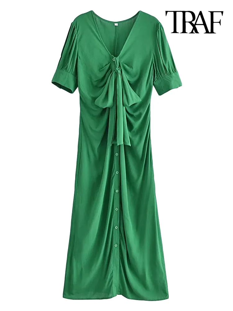 

Платье-миди с бантом, V-образным вырезом и коротким рукавом