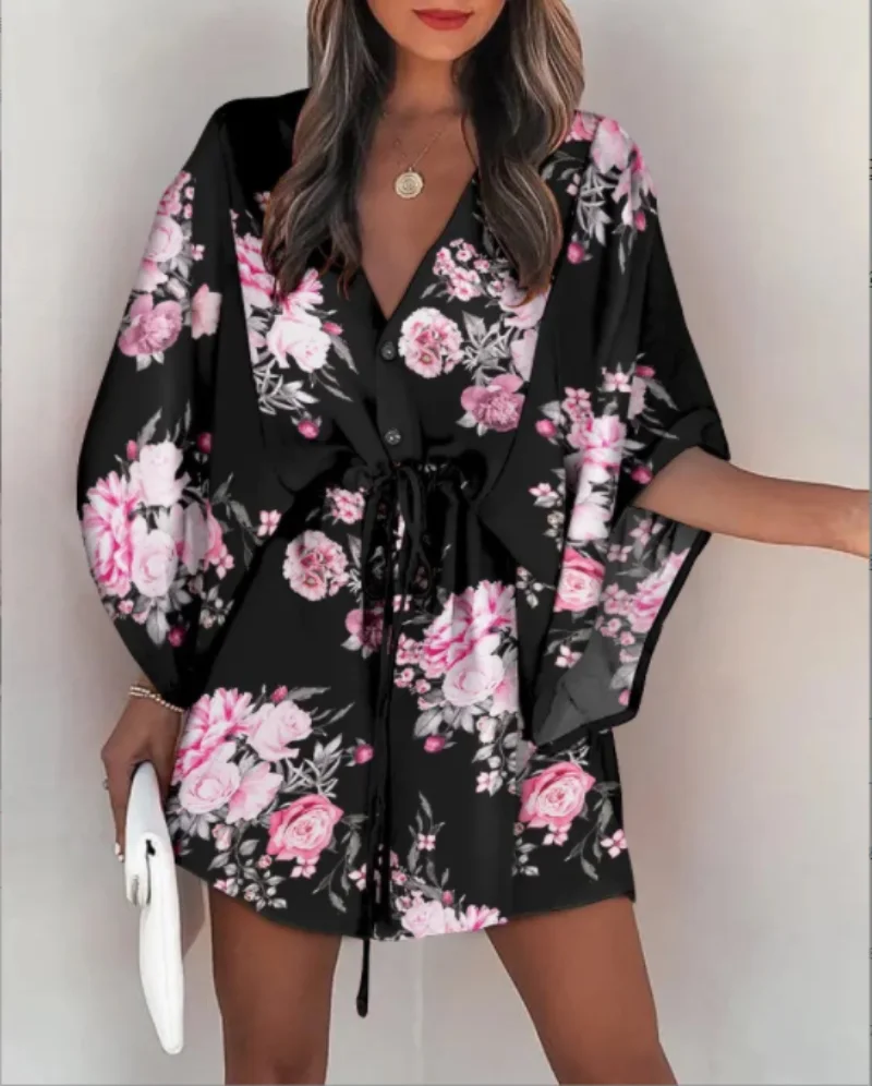 

2023 Summer Boho Dresses Sexy V Neck Loose Ladies Beach Mini Dress Women Casual Flora Print Batwing Sleeve Lace-Up Dress